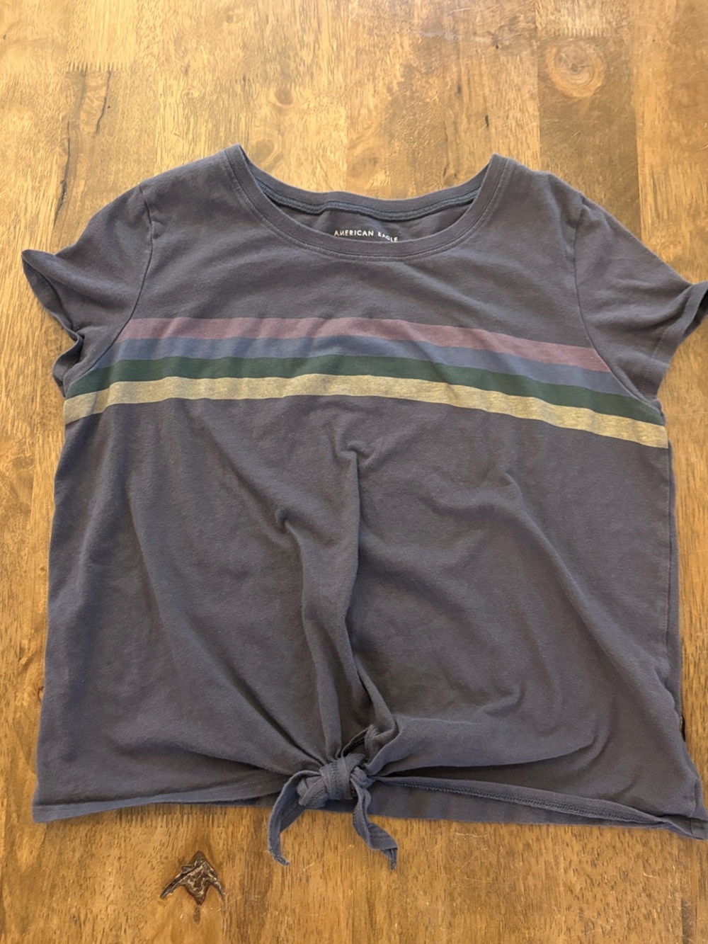 American Eagle Outfitters Gray Tie-Front Tee with Pastel Stripes